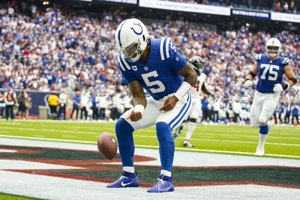 Indianapolis Colts quarterback Anthony Richardson (5) celebrates after a touchdown against the Houston Texans in the first half of an NFL football game in Houston, Sunday, Sept. 17, 2023. (AP Photo/Eric Christian Smith)