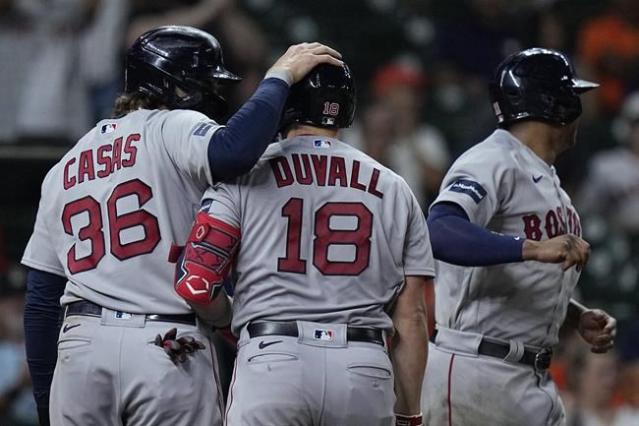 Adam Duvall of the Boston Red Sox reacts on second base after his