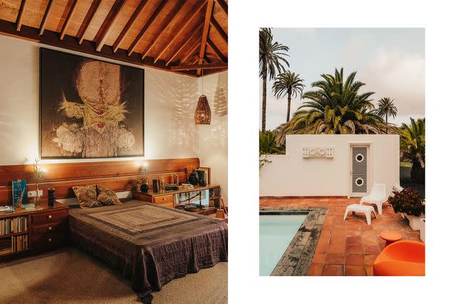 <p>Salva López</p> From left: A bedroom at the César Manrique House Museum; the pool deck at the Manrique house.