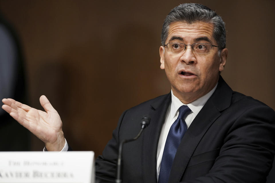 In this feb. 24, 2021, photo, Xavier Becerra testifies during a Senate Finance Committee hearing on his nomination to be secretary of Health and Human Services on Capitol Hill in Washington. President Joe Biden’s pick for health secretary is taking heat for his defense of abortion rights from a tag team of Republicans looking to define him —and the new administration— as out of the mainstream. (Greg Nash/Pool via AP)