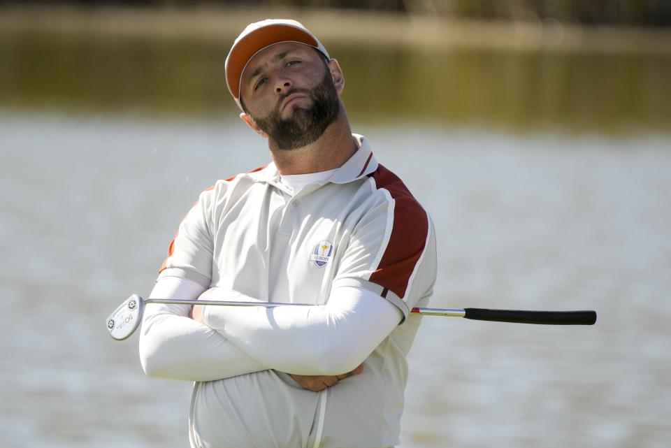 Team Europe's Jon Rahm waits to putt on the fifth hole during a four-ball match the Ryder Cup at the Whistling Straits Golf Course Saturday, Sept. 25, 2021, in Sheboygan, Wis. (AP Photo/Charlie Neibergall)