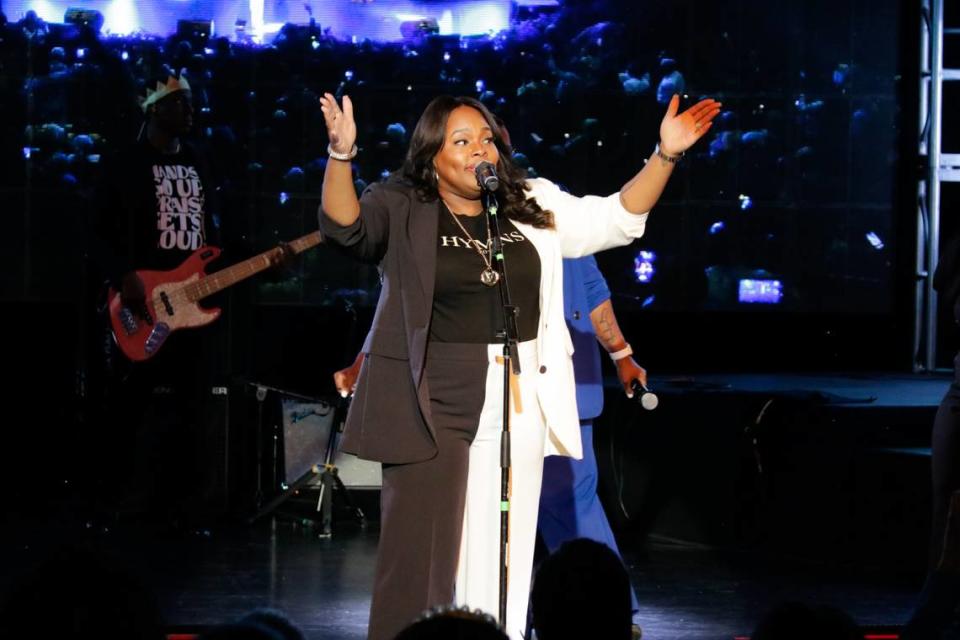 Grammy award-winning gospel singer Tasha Cobbs-Leonard sings at the 18th annual Reclaim the Dream Candlelight Memorial Service and Gospel Concert in Miami, Florida, on Tuesday, April 4, 2023.