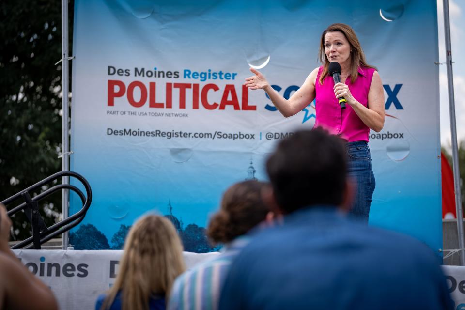 Christina Bohannan, Democratic candidate for Iowa's 1st Congressional District, speaks at the Des Moines Register Political Soapbox during the Iowa State Fair, Wednesday, Aug. 17, 2022.