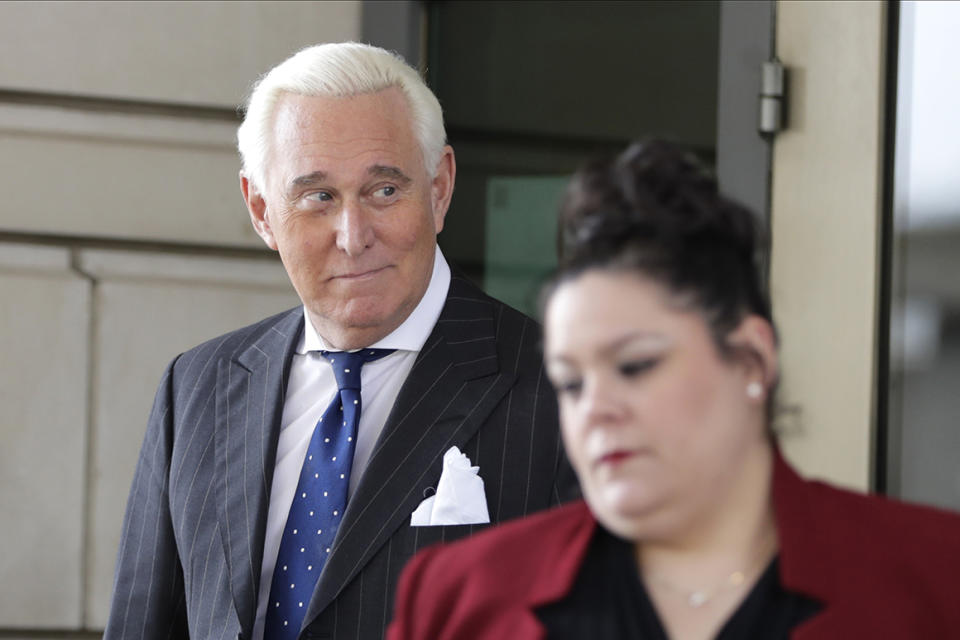 Roger Stone exits federal court Washington, Friday, Nov. 15, 2019. Stone, longtime friend of President Donald Trump, has been found guilty at his trial in federal court in Washington. (AP Photo/Julio Cortez)