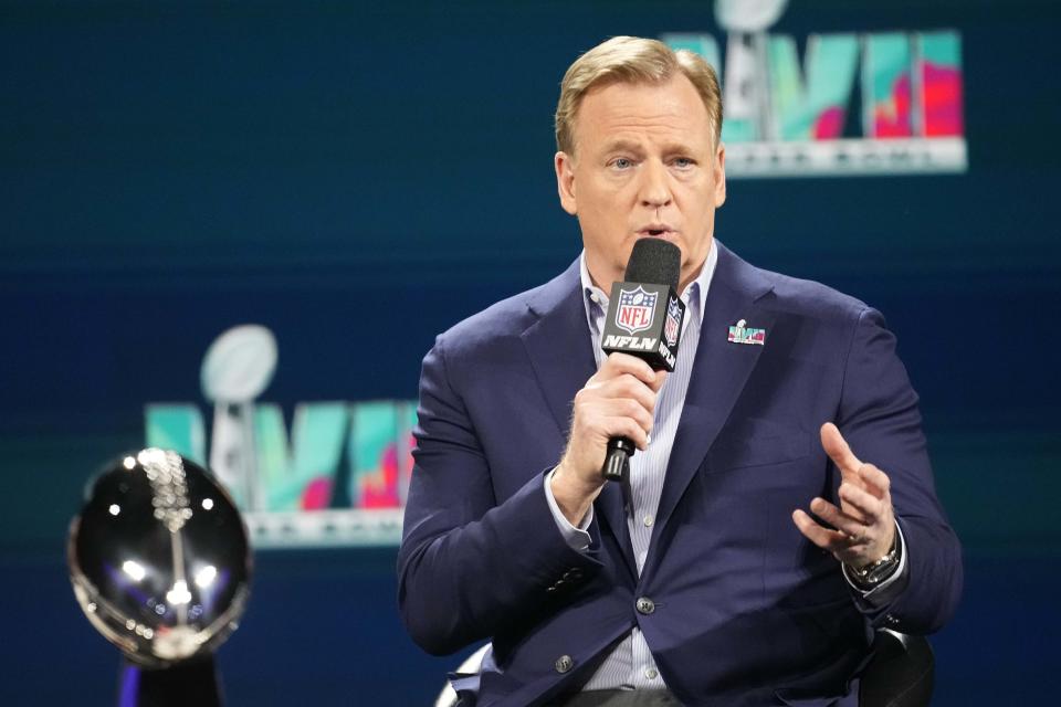 NFL commissioner Roger Goodell answers questions during a news conference ahead of Super Bowl LVII at the Phoenix Convention Center on Feb. 8, 2023.