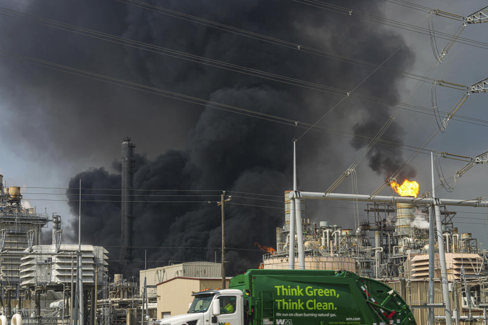 Smoke billows from a fire at a Shell USA Inc. facility on Friday, May 5, 2023 in Deer Park, Texas. A chemical plant in the Houston area has caught fire, sending a huge plume of smoke into the sky. The Harris County Sheriff’s Office said Friday the fire was at a Shell USA Inc. facility in Deer Park, a suburb east of Houston. (Raquel Natalicchio/Houston Chronicle via AP)