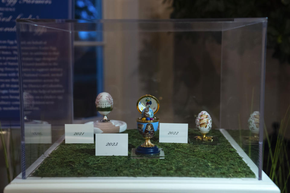 Decorations for the White House Easter Egg Roll adorn the East Colonnade of the White House, Thursday, March 28, 2024, in Washington. (AP Photo/Evan Vucci)