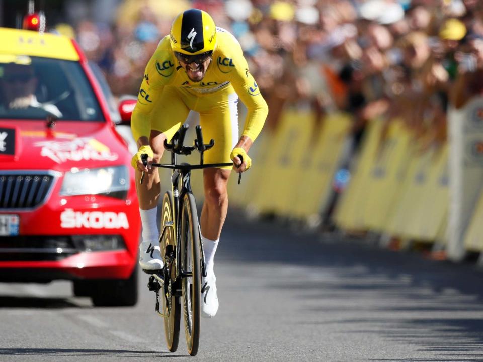 Julian Alaphilippe produced the time trial of his life at the Tour de France to extend his lead in the yellow jersey with victory on stage 13 in Pau.Alaphilippe completed the lumpy 27km course in a time of 35 minutes flat, beating second-placed Geraint Thomas by 14 seconds to extend his lead in yellow to 86 seconds.It was an outstanding result from the Frenchman, not a renowned time triallist, as he defied expectations that defending champion Thomas would begin to assert his authority over the race.Click on 1 at the top of the live tracker to refresh Full previewOn stage 13, an individual time-trial around Pau, the question that has been lurking in the background for the past few days will finally be answered. Geraint Thomas is the only GC rider with real time-trial pedigree, and he will gain time on the yellow jersey of Julian Alaphilippe and the rest of his rivals. The only wonder is, how much?There have been suggestions of time gaps stretching to as much as two minutes, which would be potentially decisive, but this flat-ish route is only 27.2km and that seems a little excessive. Even so, there is no one in the top 10 with a hinterland quite like the reigning champion, Thomas, who in another life was an Olympic team pursuit champion on the track and a Commonwealth time-trial bronze medallist on the road. He stands to gain time, if not quite the prize of the yellow jersey just yet.Last year the shoe was on the other foot. Thomas came into the time-trial near the end of the three weeks wearing yellow, and with a lead to protect against the clock specialist Tom Dumoulin. Thomas did so emphatically, timing only 14 seconds behind the powerful Dutchman to seal his Tour de France triumph. This year there is no Dumoulin, who was injured at the Giro, and no Primoz Roglic either, another time-trial expert who expended himself at the Italian Grand Tour in May. Damage limitation was the task for Thomas in 2018; maximum destruction is the goal 12 months later. Alaphilippe leads the Welshman by 1min 12sec in the general classification and although it is probably too much to think that lead will crumble entirely, we can expect Thomas to take several bites into the Frenchman’s advantage. Alaphilippe was three and a half minutes slower than Thomas in last year’s time-trial, though then he did not have the carrot of the maillot jaune to pull him round.Thomas’s co-leader within Team Ineos, Egan Bernal, is third overall and will hope to still be on the virtual podium come the end of the day. Of the other four riders who are within two minutes of Alaphilippe – Steven Kruijswijk, Emanuel Buchmann, Enric Mas and Britain’s Adam Yates – it is probably Yates and the Dutchman Kruijswijk who will be fastest and could close the gap to the Colombian.As for who will win the stage itself, there are several candidates. The hugely talented Wout van Aert already has one stage win in his first Tour and could earn another here. The American Chad Haga won the individual time-trial at the Giro d’Italia in May. Tony Martin is a four-time world time-trial champion. The Australian Rohan Dennis would have been in the reckoning too, but abandoned the race in mysterious circumstances on stage 12.And then there’s Thomas. He is likely to be in the mix for the stage win just as he was 12 months ago. That is almost a given, but how Alaphilippe copes with the challenge is unknown. He looks in supreme shape, is the world’s No1 ranked road racer, and right now he has that magical motivating power of the yellow jersey on his shoulders. Over 27km in Pau we are about to discover an awful lot more about his credentials to go and win this Tour de France. Start times (time is local)1 14-00 Offredo Yoann, Wanty-Gobert2 14-01 Langeveld Sebastian,EF Education First3 14-02 Debusschere Jens, Katusha-Alpecin4 14-03 Martin Tony, Jumbo-Visma5 14-04 Haga Chad, Sunweb6 14-05 Asgreen Kasper, Deceuninck – Quick-Step7 14-06 De Gendt Aimé, Lotto-Soudal8 14-07 Monfort Maxime, Lotto-Soudal9 14-08 Scully Tom, EF Education First10 14-09 Dowsett Alex, Katusha-Alpecin11 14-10 Greipel André, Arkéa-Samsic12 14-11 Bak Lars Ytting, Dimension Data13 14-12 Haller Marco, Katusha-Alpecin14 14-13 Backaert Frederik, Wanty-Gobert15 14-14 Mørkøv Michael, Deceuninck – Quick-Step16 14-15 Cummings Stephen, Dimension Data17 14-16 Jansen Amund, Jumbo-Visma18 14-17 Groenewegen Dylan, Jumbo-Visma19 14-18 Richeze Max, Deceuninck – Quick-Step20 14-19 Van Melsen Kevin, Wanty-Gobert21 14-20 Kluge Roger, Lotto-Soudal22 14-21 Hepburn Michael, Mitchelton-Scott23 14-22 Bonifazio Niccolo, Total Direct Energie24 14-23 Bonnet William, Groupama-FDJ25 14-24 Gougeard Alexis, Ag2r La Mondiale26 14-25 Bol Cees, Sunweb27 14-26 Ladagnous Mathieu, Groupama-FDJ28 14-27 De Kort Koen, Trek-Segafredo29 14-28 Turgis Anthony, Total Direct Energie30 14-29 Verona Carlos, Movistar31 14-30 Juul Jensen, Christopher, Mitchelton-Scott32 14-31 Pöstlberger Lukas, Bora-Hansgrohe33 14-32 Vachon Florian, Arkéa-Samsic34 14-33 Kristoff Alexander, UEA Team Emirates35 14-34 Lampaert Yves, Deceuninck – Quick-Step36 14-35 Burghardt Marcus, Bora-Hansgrohe37 14-36 Gonçalves José, Katusha-Alpecin38 14-37 Ewan Caleb, Lotto-Soudal39 14-38 Laengen Vegard, UAE Team Emirates40 14-39 Wisniowski Lukasz, CCC41 14-40 Viviani Elia, Deceuninck – Quick-Step42 14-41 Cort Magnus, Astana43 14-42 Perez Anthony, Cofidis44 14-43 Janse van Rensburg Reinardt, Dimension Data45 14-44 Grellier Fabien, Total Direct Energie46 14-45 Cosnefroy Benoit, Ag2r La Mondiale47 14-46 Bystrøm Sven Erik, UAE Team Emirates48 14-47 Rossetto Stéphane, Cofidis49 14-48 Ourselin Paul, Total Direct Energie50 14-49 De Buyst Jasper, Lotto-Soudal51 14-50 Rowe Luke, Ineos52 14-51 Küng Stefan, Groupama-FDJ53 14-52 Eiking Odd Christian, Wanty-Gobert54 14-53 Durbridge Luke, Mitchelton-Scott55 14-54 Berhane Natnael, Cofidis56 14-55 Oss Daniel, Bora-Hansgrohe57 14-56 Calmejane Lilian, Total Direct Energie58 14-57 Mohoric Matej, Bahrain-Merida59 14-58 Arndt Nikias, Sunweb60 14-59 Keukeleire Jens, Lotto-Soudal61 15-00 Schär Michael, CCC62 15-01 Garcia Ivan, Bahrain-Merida63 15-02 Oliveira Nelson, Movistar64 15-03 Delaplace Anthony, Arkéa-Samsic65 15-04 Moinard Amael, Arkéa-Samsic66 15-05 Ledanois Kevin Arkéa-Samsic67 15-06 Roux Anthony, Groupama-FDJ68 15-07 Würtz Mads, Katusha-Alpecin69 15-08 Erviti Imano, Movistar70 15-09 Gesbert Elie, Arkéa-Samsic71 15-10 Devenyns Dries, Deceuninck – Quick-Step72 15-11 Houle Hugo, Astana73 15-12 King Ben, Dimension Data74 15-13 Teunissen Mike, Jumbo-Visma75 15-14 Caruso Damiano, Bahrain-Merida76 15-15 Simon Julien, Cofidis77 15-16 Skujins Toms, Trek-Segafredo78 15-17 Wellens Tim, Lotto-Soudal79 15-18 Rosskopf Joseph, CCC80 15-19 Pasqualon Andrea, Wanty-Gobert81 15-20 Pauwels Serge, CCC82 15-21 Fraile Omar, Astana83 15-22 Yates Simon, Mitchelton-Scott84 15-23 Perichon Pierre-Luc, Cofidis85 15-24 Gallopin Tony, Ag2r La Mondiale86 15-25 Geschke Simon, CCC87 15-26 Van Baarle Dylan, Ineos88 15-27 Politt Nils, Katusha-Alpecin89 15-28 Kämna Lennard, Sunweb90 15-29 Tratnik Jan, Bahrain-Merida91 15-30 Van Aert Wout, Jumbo-Visma92 15-31 Bouet Maxime, Arkéa-Samsic93 15-32 Sicard Romain, Total Direct Energie94 15-33 De Gendt Thomas, Lotto-Soudal95 15-34 Kragh Andersen Søren, Sunweb96 15-35, Moscon Gianni, Ineos97 15-36 Colbrelli Sonny, Bahrain-Merida98 15-37 Poels Wout, Ineos99 15-38 Sanchez Luis León, Astana100 15-39 Valgren Michael, Dimension Data101 15-40 Castroviejo Jonathan, Ineos102 15-41 Bettiol Alberto, EF Education First103 15-42 Boasson Hagen Edvald, Dimension Data104 15-43 Zakarin Ilnur, Katusha-Alpecin105 15-44 Impey Daryl, Mitchelton-Scott106 15-45 Kangert Tanel, EF Education First107 15-46 Izagirre Gorka, Astana108 15-47 Naesen Oliver, Ag2r La Mondiale109 15-48 Sagan Peter, Bora-Hansgrohe110 15-49 Bilbao Pello, Astana111 15-50 Benoot Tiesj, Lotto-Soudal112 15-51 Amador Andrey, Movistar113 15-52 Clarke Simon, EF Education First114 15-53 Kwiatkowski Michał, Ineos115 15-54 Felline Fabio, Trek-Segafredo116 15-55 Woods Michael, EF Education First117 15-56 Kelderman Wilco Sunweb118 15-57 Costa Rui, UAE Team Emirates119 15-58 Teuns Dylan, Bahrain-Merida120 15-59 De Plus Laurens, Jumbo-Visma121 16-00 Bernard Julien, Trek-Segafredo122 16-01 Schachmann Maximilian, Bora-Hansgrohe123 16-02 Nibali Vincenzo, Bahrain-Merida124 16-03 Vuillermoz Alexis, Ag2r La Mondiale125 16-04 Mühlberger Gregor, Bora-Hansgrohe126 16-05 Soler Marc, Movistar127 16-06 Matthews Michael, Sunweb128 16-07 Taaramäe Rein, Total Direct Energie129 16-08 Cherel Mikael, Ag2r La Mondiale130 16:09 Herrada Jesus, Cofidis131 16:10 Frank Mathias, Ag2r La Mondiale132 16:11 Henao Sergio, UAE Team Emirates133 16:13 Stuyven Jasper, Trek-Segafredo134 16:15 Haig Jack, Mitchelton-Scott135 16:17 Trentin Matteo, Mitchelton-Scott136 16:19 Reichenbach Sébastien, Groupama-FDJ137 16:21 Ciccone Giulio, Trek-Segafredo138 16:23 Molard Rudy, Groupama-FDJ139 16:25 Bennett George, Jumbo-Visma140 16:27 Roche Nicolas, Roche141 16:29 Van Avermaet Greg, CCC142 16:31 Martin Guillaume, Wanty-Gobert143 16:33 Aru Fabio, UAE Team Emirates144 16:35 Lutsenko Alexey, Astana145 16:37 Gaudu David, Groupama-FDJ146 16:39 Mollema Bauke, Trek-Segafredo147 16:41 Landa Mikel, Movistar148 16:43 Porte Richie, Trek-Segafredo149 16:45 Meurisse Xandro, Wanty-Gobert150 16:47 Kreuziger Roman, Dimension Data151 16:49 Barguil Warren, Arkéa-Samsic152 16:51 Fuglsang Jakob, Astana153 16:53 Bardet Romain, Ag2r La Mondiale154 16:55 Valverde Alejandro, Movistar155 16:57 Urán Rigoberto, EF Education First156 16:59 Konrad Patrick, Bora-Hansgrohe157 17:01 Pinot Thibaut, Groupama-FDJ158 17:03 Martin Daniel, UAE Team Emirates159 17:05 Quintana Nairo, Movistar160 17:07 Yates Adam, Mitchelton-Scott161 17:09 Mas Enric, Deceuninck – Quick-Step162 17:11 Buchmann Emanuel, Bora-Hansgrohe163 17:13 Kruijswijk Steven, Jumbo-Visma164 17:15 Bernal Egan, Ineos165 17:17 Thomas Geraint, Ineos166 17:19 Alaphilippe Julian, Deceuninck – Quick-Step