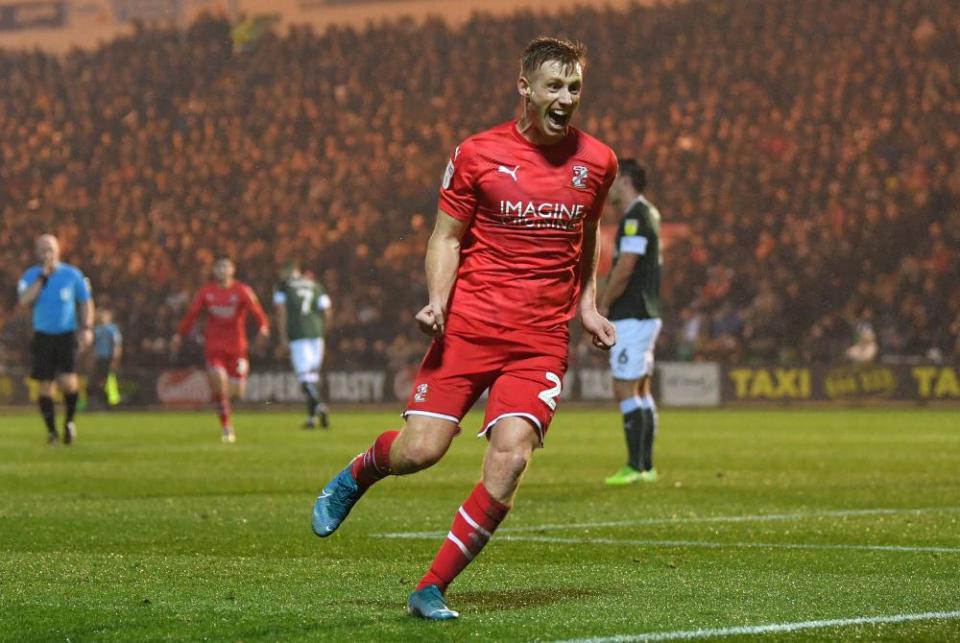 Eoin Doyle celebrates after scoring for Swindon against Plymouth.