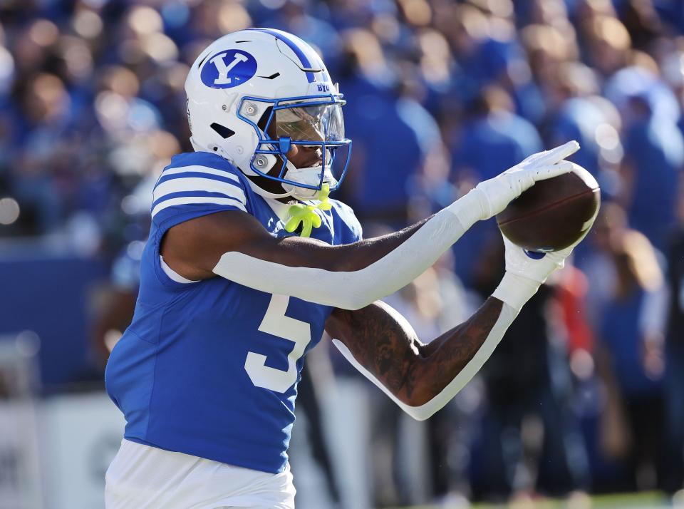 Brigham Young Cougars wide receiver Darius Lassiter (5) warms up prior to the game with the Texas Tech Red Raiders in Provo on Saturday, Oct. 21, 2023. | Jeffrey D. Allred, Deseret News