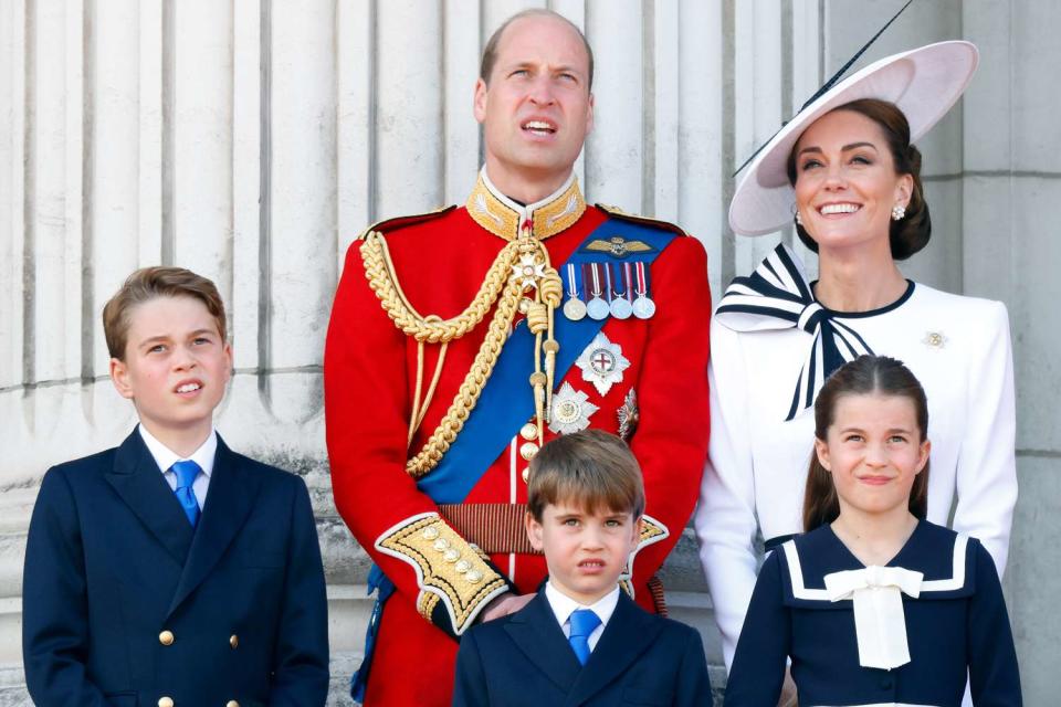 <p>Max Mumby/Indigo/Getty </p> Prince George, Prince William, Prince Louis, Kate Middleton and Princess Charlotte at Trooping the Colour on June 15, 2024.