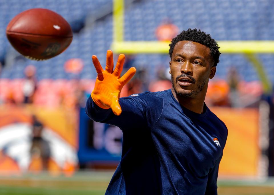 FILE - Denver Broncos wide receiver Demaryius Thomas (88) catches a pass before an NFL football game against the Seattle Seahawks in Denver, Sept. 9, 2018. Former NFL star Demaryius Thomas, who died last December at age 33, had CTE, his family said Tuesday, July 5, 2022. (AP Photo/Jack Dempsey, File)