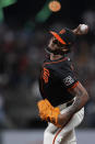 San Francisco Giants' Camilo Doval pitches to a Pittsburgh Pirates batter during the ninth inning of a baseball game Saturday, April 27, 2024, in San Francisco. (AP Photo/Godofredo A. Vásquez)