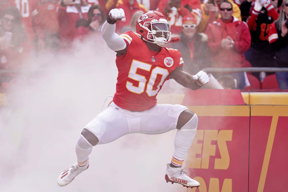 Jan 30, 2022; Kansas City, Missouri, USA; Kansas City Chiefs middle linebacker <a class="link " href="https://sports.yahoo.com/nfl/players/32733/" data-i13n="sec:content-canvas;subsec:anchor_text;elm:context_link" data-ylk="slk:Willie Gay Jr;sec:content-canvas;subsec:anchor_text;elm:context_link;itc:0">Willie Gay Jr</a>. (50) jumps as he runs onto the field during player introductions before the AFC Championship Game against the Cincinnati Bengals at GEHA Field at Arrowhead Stadium. Mandatory Credit: Denny Medley-USA TODAY Sports
