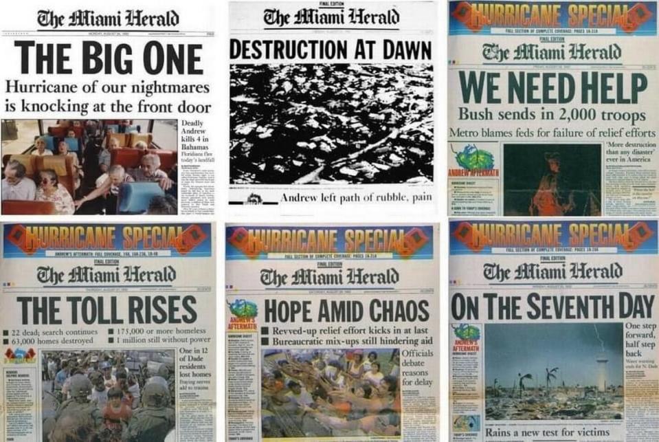 Front pages from the first week of Hurricane Andrew in 1992.