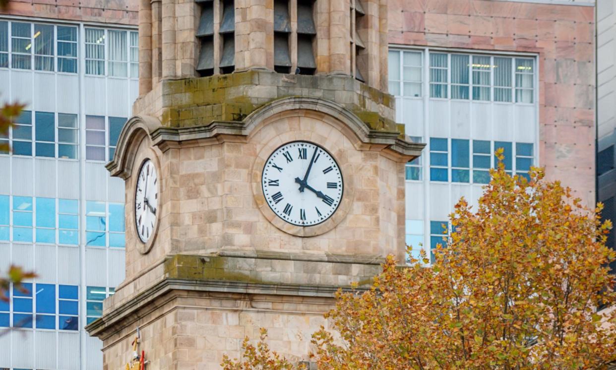 <span>The town hall clock in Adelaide, the capital city of South Australia. Daylight saving time for 2024 will end this Sunday 7 April, at 3am.</span><span>Photograph: Raymond Warren/Alamy</span>