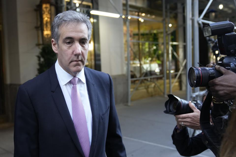 Michael Cohen leaves his apartment building on his way to Manhattan criminal court in New York, Monday, May 20, 2024. (AP Photo/Seth Wenig)