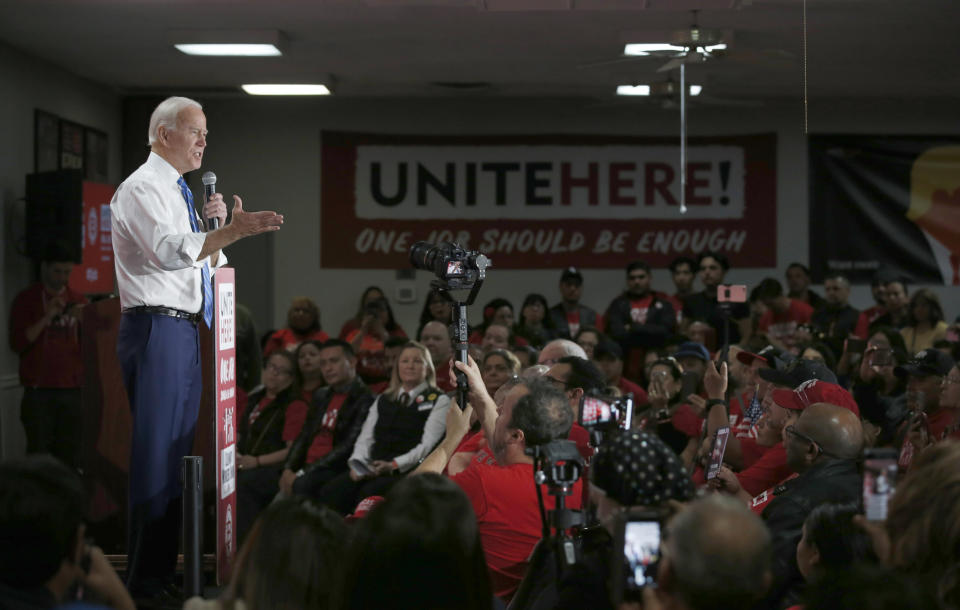 Democratic presidential candidate and former Vice President Joe Biden speaks during town hall meeting at the Culinary Union, Local 226, headquarters in Las Vegas Wednesday, Dec. 11, 2019. (Steve Marcus/Las Vegas Sun via AP)