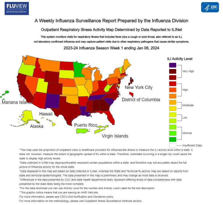 CDC map shows the level of respiratory illness by state the week prior, as of Jan. 6, 2024. (Courtesy: CDC)