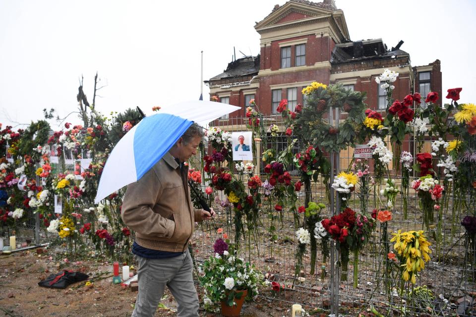 U.S. Sen. Rand Paul visits a memorial in Mayfield, Kentucky, on Dec. 17, 2021, that was created for all the people who died in the recent tornadoes.