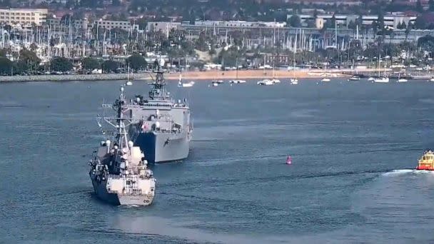 PHOTO: In this screen grab from a video, two U.S. Navy warships perform evasive maneuvers during a near miss in San Diego Bay on Nov. 29, 2022. (San Diego Web Cam via Storyful)