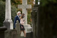 Democratic presidential candidate former Vice President Joe Biden goes to St. Joseph On the Brandywine Roman Catholic Church with his granddaughter Natalie Biden, right, and Finnegan Biden, right, Sunday, Oct. 25, 2020, in Wilmington. (AP Photo/Andrew Harnik)