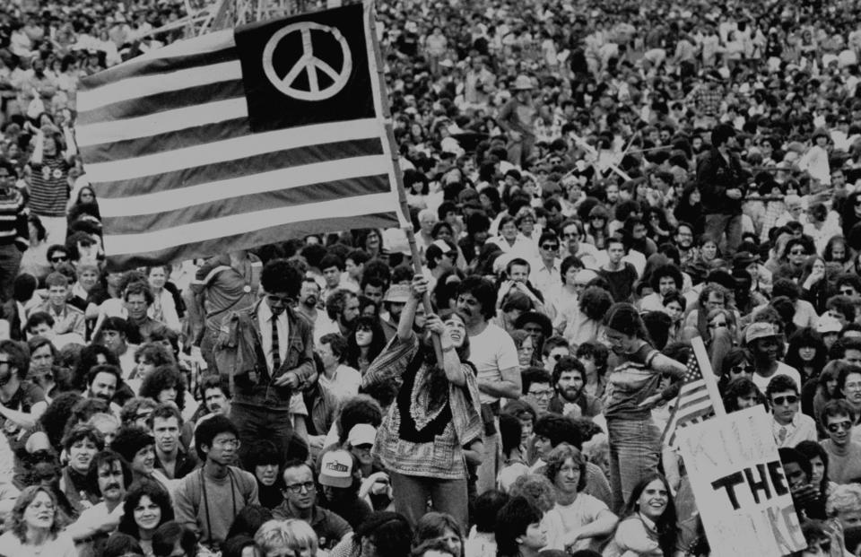 Masses of people gather in New York City's Central Park for an anti-nuclear demonstration on June 12, 1982.