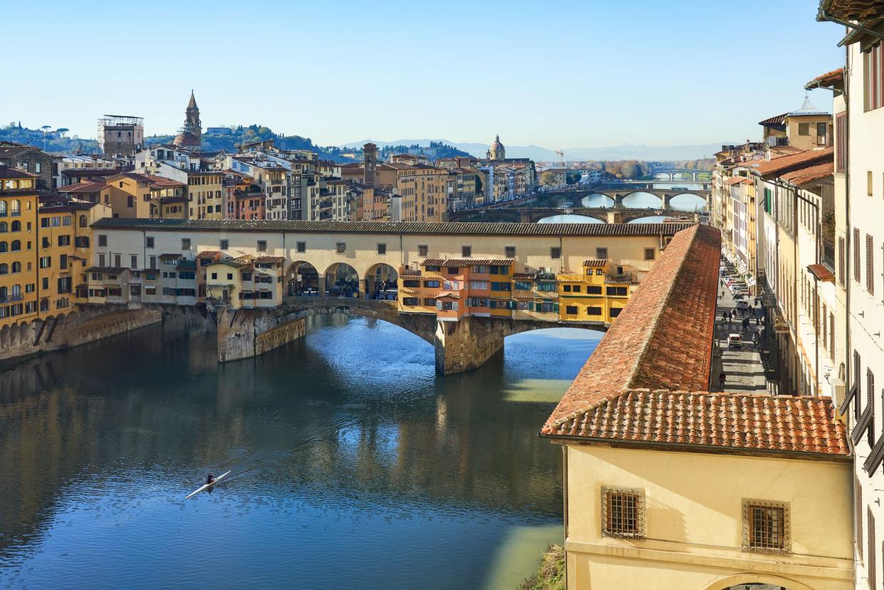 Florence, Tuscany Italy - December 11, 2018: Ponte Vecchio and Arno River seen from the Uffizi Gallery.