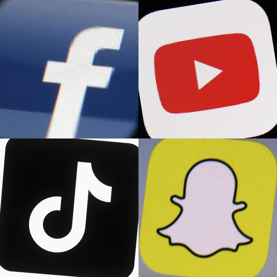 FILE - This combination of 2017-2022 photos shows the logos of Facebook, YouTube, TikTok and Snapchat on mobile devices. A trade group representing TikTok, Snapchat, Meta and other major tech companies sued Ohio on Friday, Jan. 5, 2024 over a pending law that requires children to get parental consent to use social media apps. (AP Photo/File)