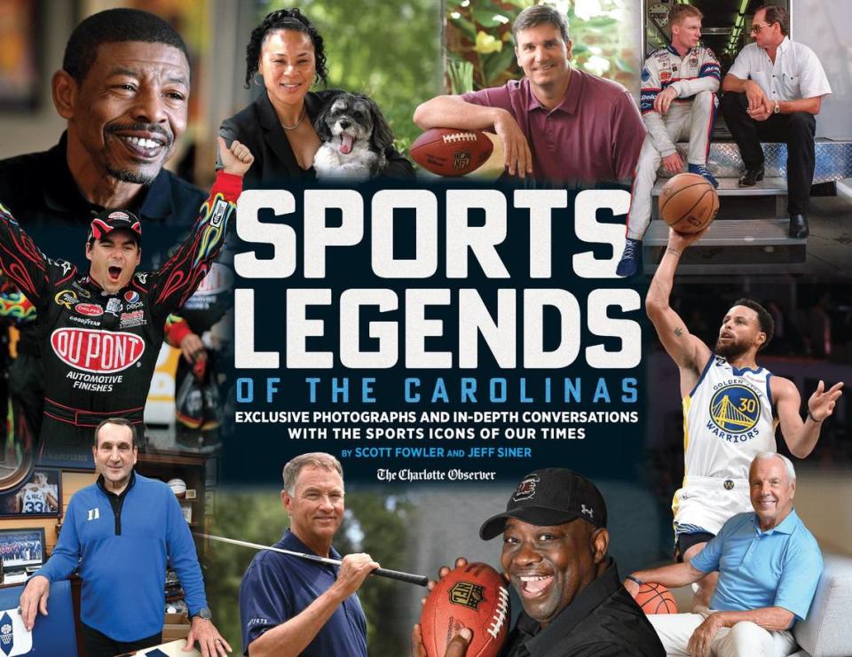The “Sports Legends of the Carolinas” coffee-table book features exclusive 1-on-1 interviews with 33 sports icons, along with more than 100 photographs. The book is based on the popular Charlotte Observer interview series. The sports legends interviewed include Steph Curry, Dale Earnhardt Jr., Roy Williams, Mike Krzyzewski, Dawn Staley, Jake Delhomme, Steve Spurrier, Danny Ford, Armanti Edwards and Jeff Gordon.