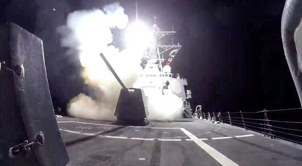 A missile launches from a US Navy destroyer in the Red Sea earlier this month.