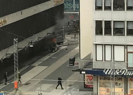 A truck have crashed into a department store Ahlens at Drottninggatan in the central of Stockholm, Sweden April 7, 2017. TT News Agency/Andreas Schyman/via REUTERS