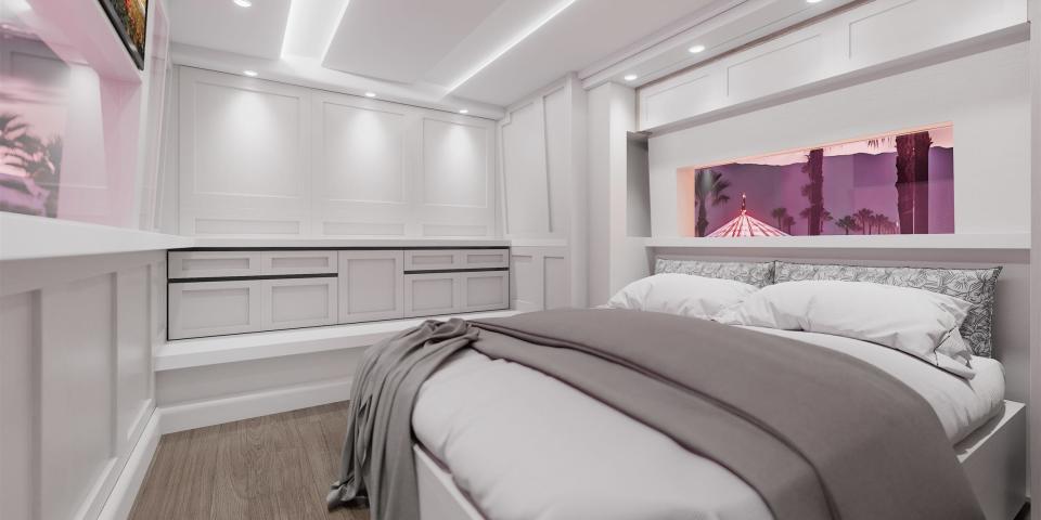 rendering of a bedroom in an artist bus with Dreamliner Luxury Coaches