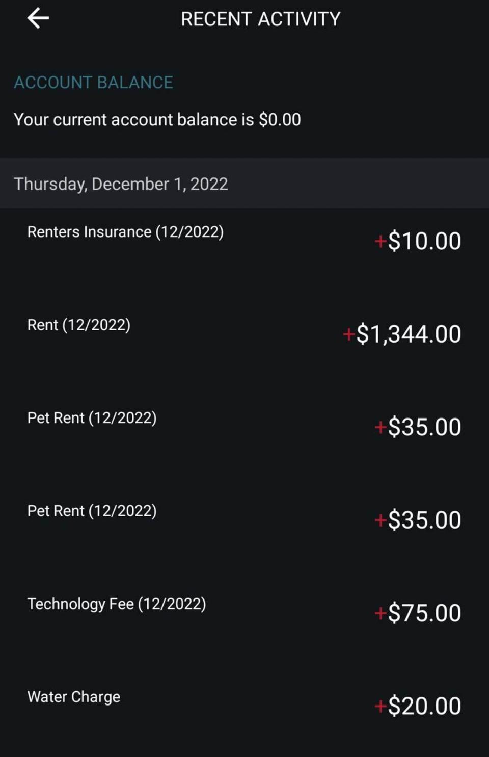 A screenshot of a tenant's phone showing itemized charges for rent and other expenses at Knob Hill Apartments, including "renters insurance" fees required by DTN from Dec. 2022.