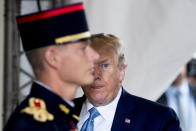 U.S President Donald Trump arrives at the G-7 summit in Biarritz, France, Sunday, Aug. 25, 2019. (AP Photo/Andrew Harnik)