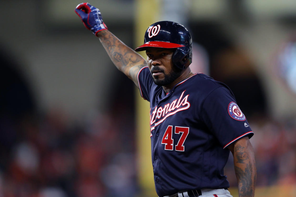 HOUSTON, TX - OCTOBER 30: Howie Kendrick #47 of the Washington Nationals celebrates after hitting a single in the eighth inning during Game 7 of the 2019 World Series between the Washington Nationals and the Houston Astros at Minute Maid Park on Wednesday, October 30, 2019 in Houston, Texas. (Photo by Alex Trautwig/MLB Photos via Getty Images)