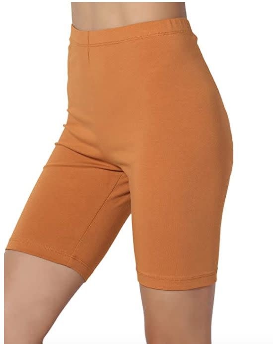 <a href="https://amzn.to/33GpYkG" target="_blank" rel="noopener noreferrer">These bike shorts</a> are made with 95% Cotton and 5% Spandex, making them good bike shorts to wear under dresses and skirts to prevent thigh chafing. They also feature a thin waistband and are available in <a href="https://amzn.to/33GpYkG" target="_blank" rel="noopener noreferrer">more than 30 colors</a>. <br /><strong>Sizes</strong>: S to 3X<br /><strong>Rating</strong>: 4-star rating<br /><strong>Reviews</strong>: more than 4,000 <br /><br /><a href="https://amzn.to/33GpYkG" target="_blank" rel="noopener noreferrer">Find them for $14 on Amazon.</a>