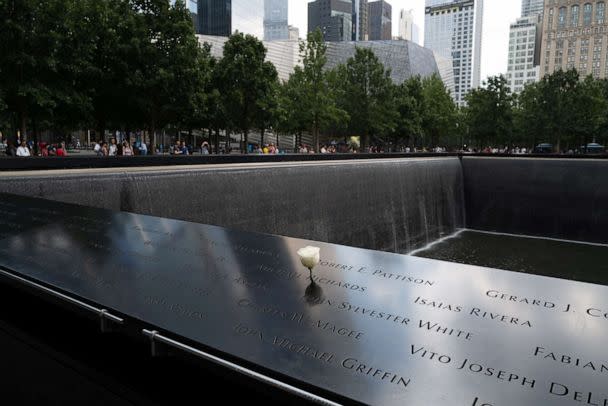 PHOTO: A rose is placed on a victims name at The National September 11 Memorial & Museum, Aug. 2, 2022, in New York. (Spencer Platt/Getty Images)