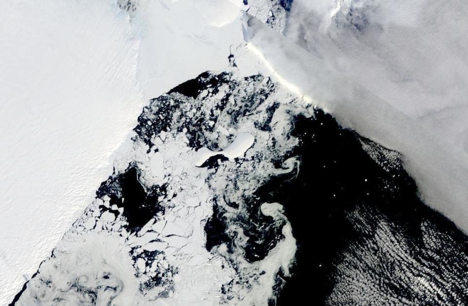FILE - This satellite image provided by NASA, shows icebergs that formed through an ice shelf collapse. Dozens of Antarctica’s ice shelves, floating extensions of glaciers, showed significant shrinking between 1997 and 2021, a study published Thursday, Oct. 12, 2023, found. (Dr. Christopher A. Shuman, UMBC/NASA via AP, File)