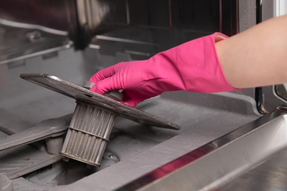 A person removing a dishwasher filter for cleaning and maintenance.