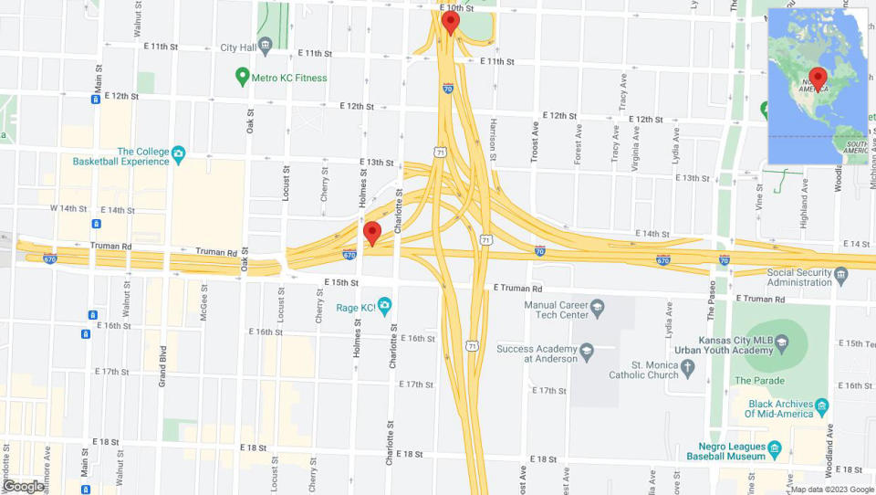 A detailed map that shows the affected road due to 'Reports of a crash on northbound US-71 North' on December 15th at 4:27 p.m.