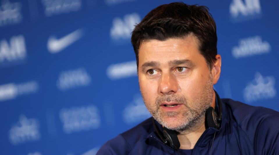   Head coach Mauricio Pochettino speaks during a PSG press conference at the team's spring training camp on May 15, 2022 in Doha, Qatar. 