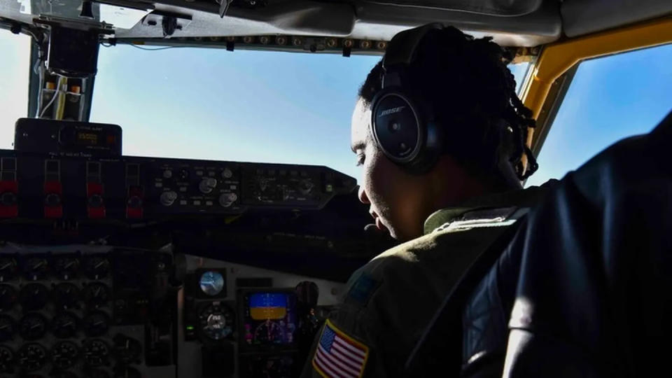 Capt. Jazmind Roberts, a 93rd Air Refueling Squadron pilot, flies a KC-135 Stratotanker over Alabama Feb. 18, 2020. (Airman 1st Class Kiaundra Miller/Air Force)