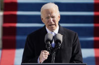 President Joe Biden speaks during the 59th Presidential Inauguration at the U.S. Capitol in Washington, Wednesday, Jan. 20, 2021.(AP Photo/Patrick Semansky, Pool)