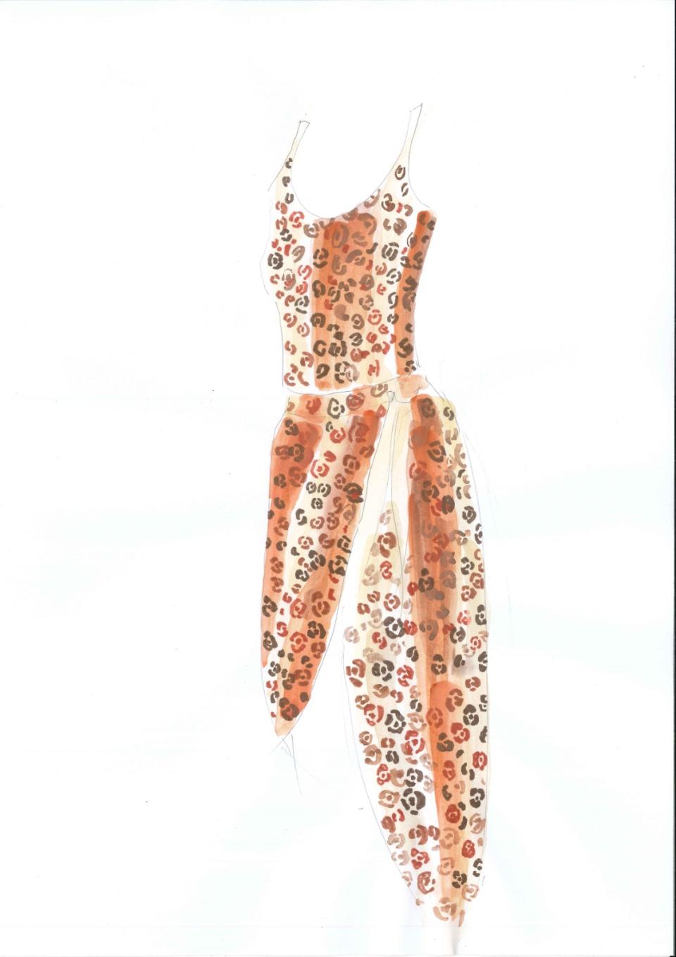 A concept illustration of the leopard swimsuit and matching wrap worn by Debicki in Season 6. 