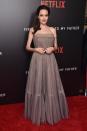 <p>Angelina Jolie wore a dusky grey Dior gown to attend the First They Killed My Father New York premiere.</p>