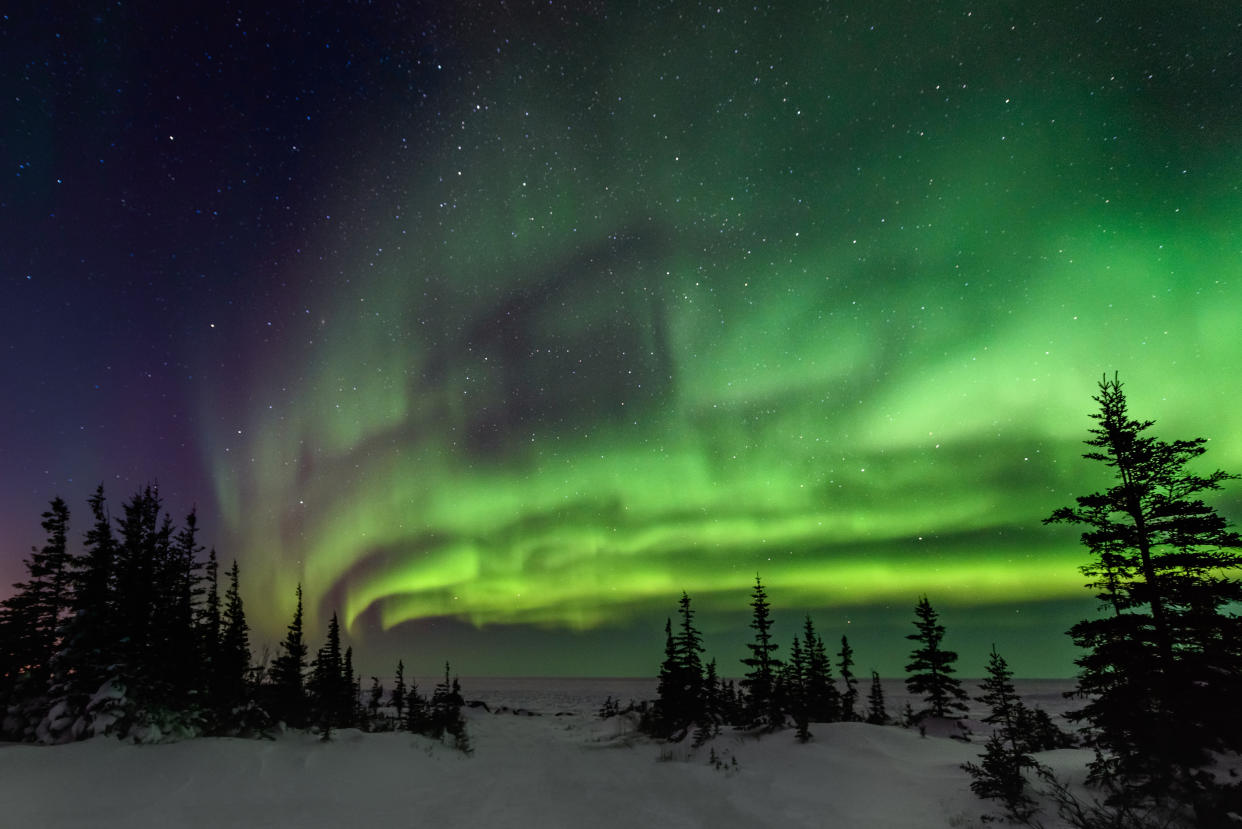 Aurora borealis as seen over Hudson Bay in Churchill, Manitoba, Canada.