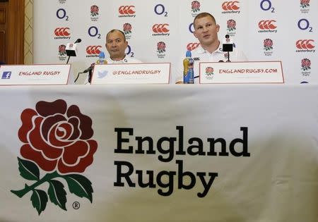 Rugby Union - England - Eddie Jones Press Conference - Pennyhill Park - 25/1/16 England Head Coach Eddie Jones and new England captain Dylan Hartley during the press conference Action Images via Reuters / Andrew Boyers