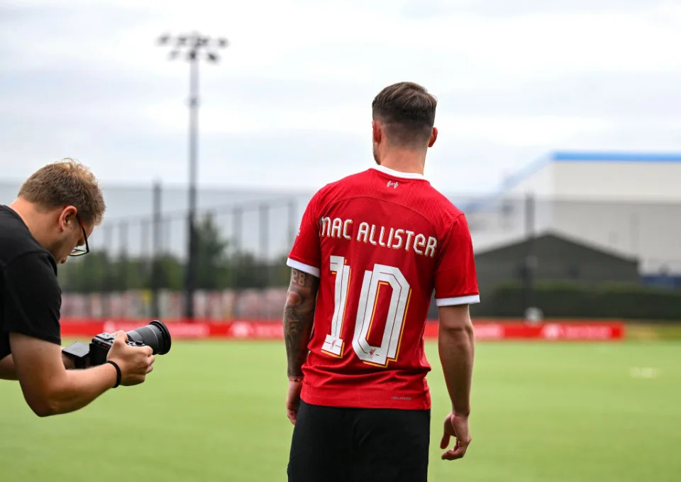 Alexis Mac Allister signing for Liverpool Football Club at AXA Training Centre on June 08, 2023 in Kirkby, England.