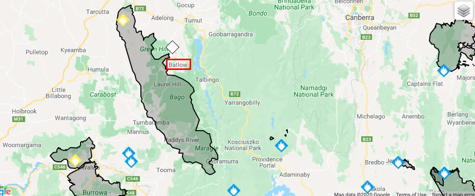 Pictured are the fires threatening Bartlow. Source: NSW RFS